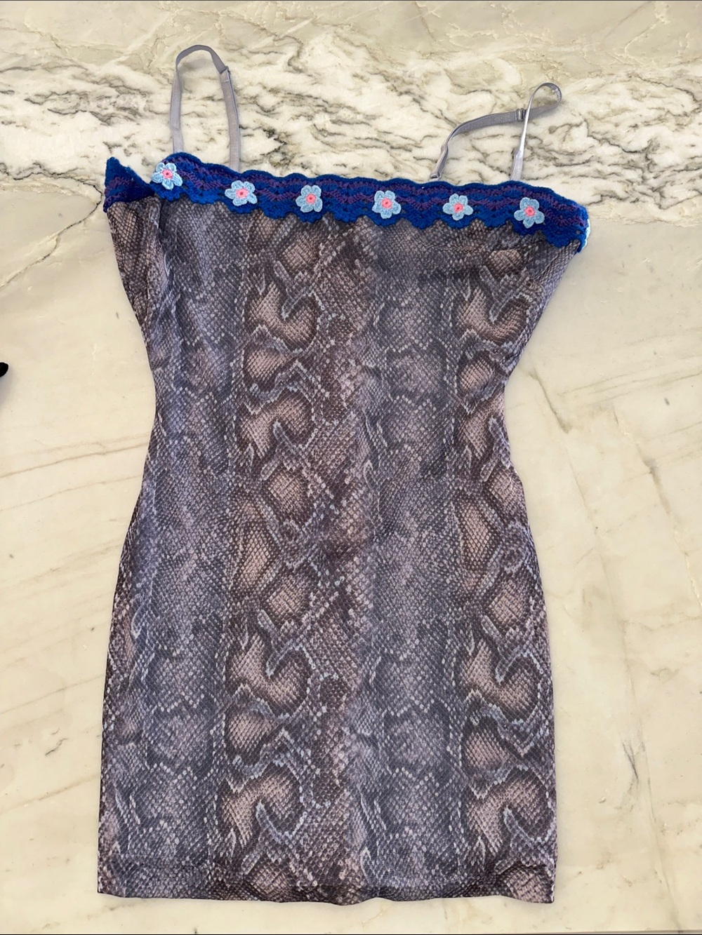 Snake Print Slip Dress with Blue Crochet Trim